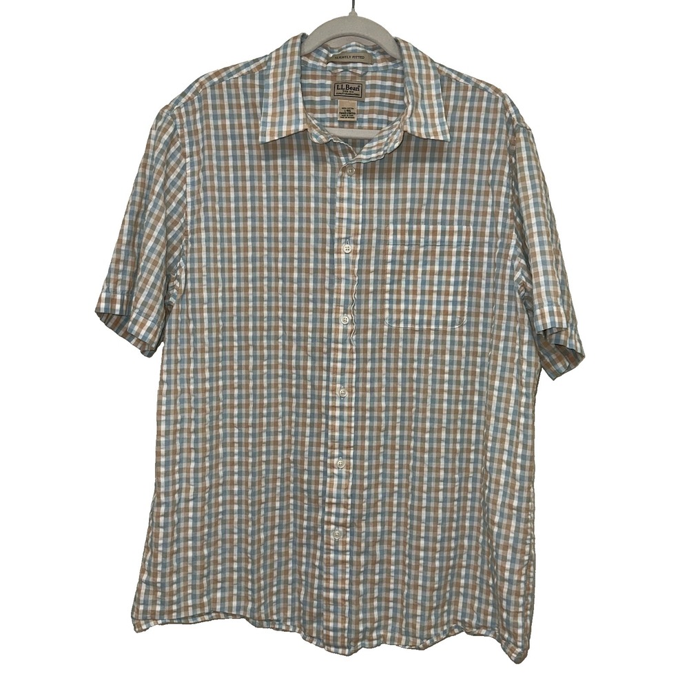 LL Bean Shirt Men Large Seersucker Checked Plaid Button Casual Short Sleeve
